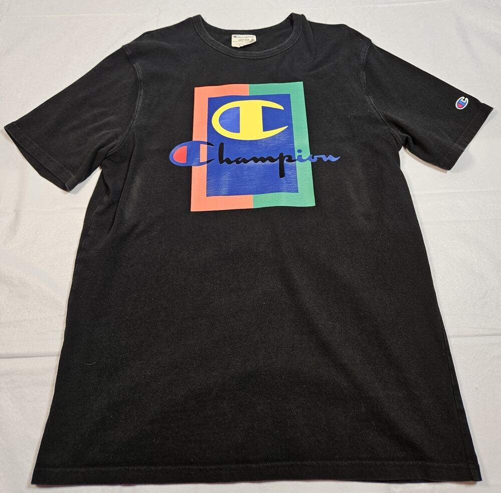 Champion Heritage Mens L Black Colorblock Logo Graphic T Shirt Retro Streetwear